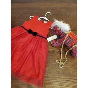 Blueberi Boulevard Girls 4T Red Dress Satin, Sheer & Glittery w/Plaid Pony Tote